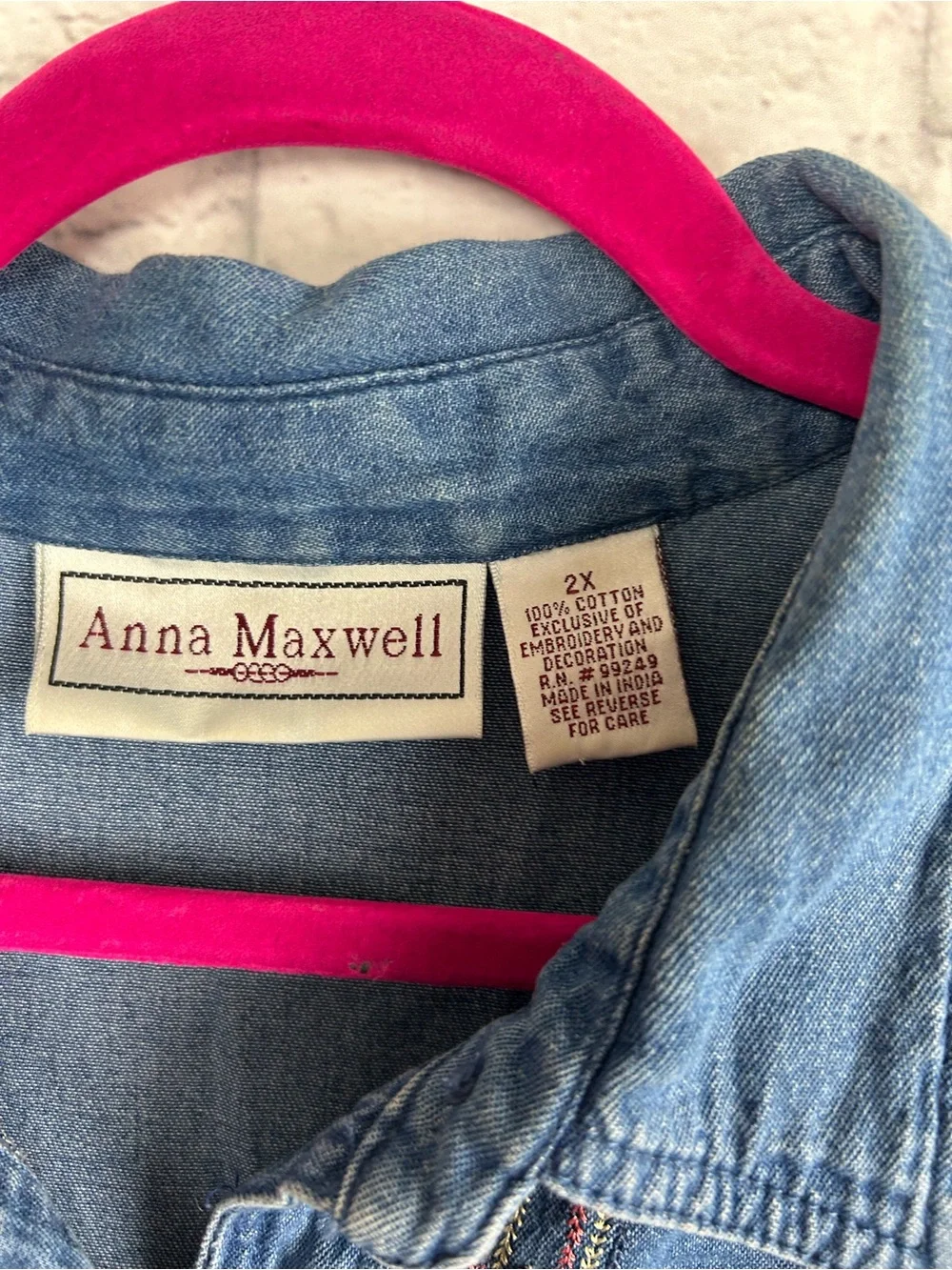 Anna Maxwell 2X Embroidered Denim Maxi Shirt Dress Button Front Pockets Boho - Picture 6 of 8
